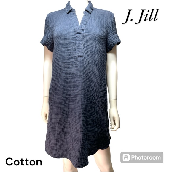 J. Jill Navy Blue Cotton Gauzy Collared Mini Shift Shirt Dress Women's Size SP - Picture 1 of 11